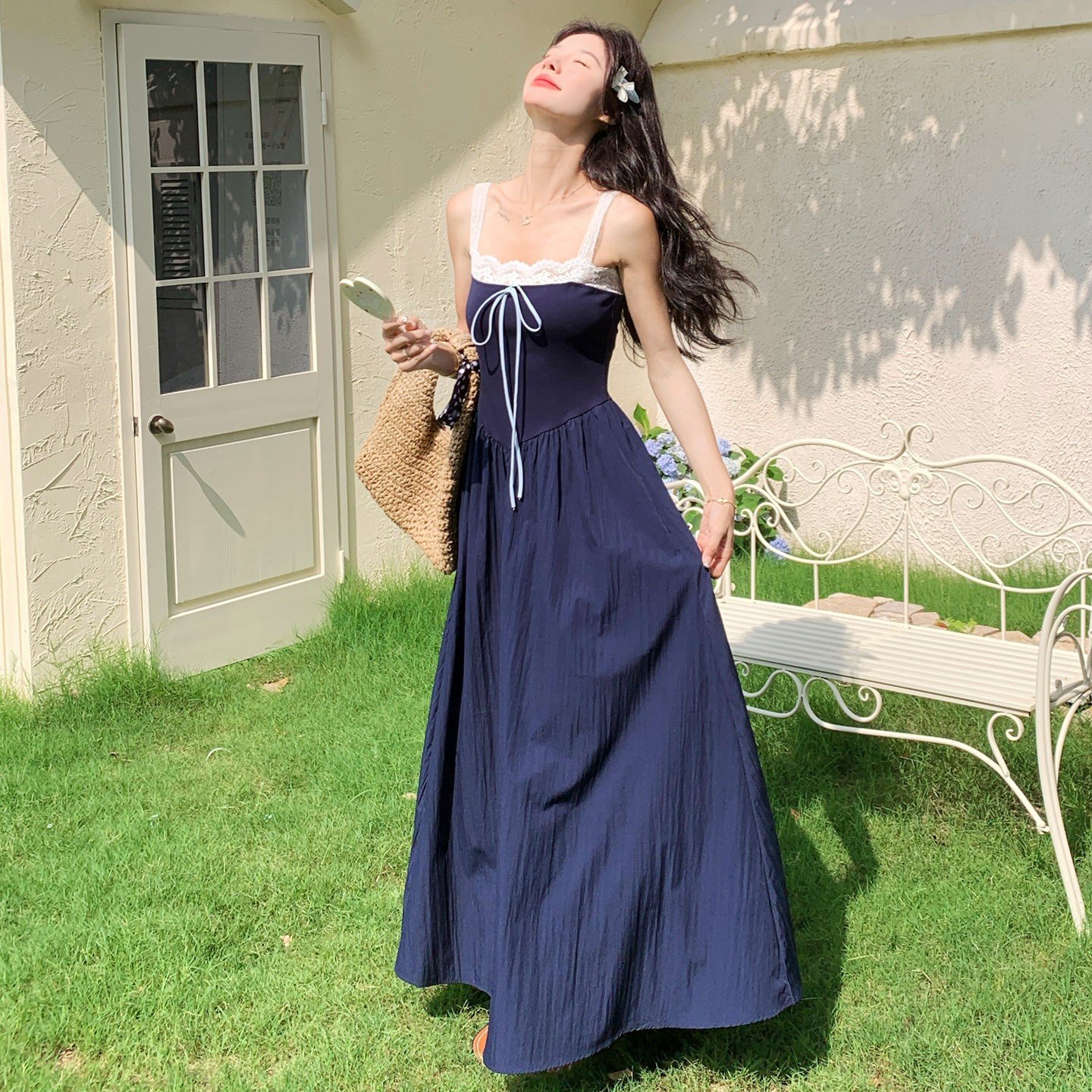 Vapetix S-XL Elegant navy blue strapless maxi dress with a Hepburn-style, flowing design, showcasing a new high-