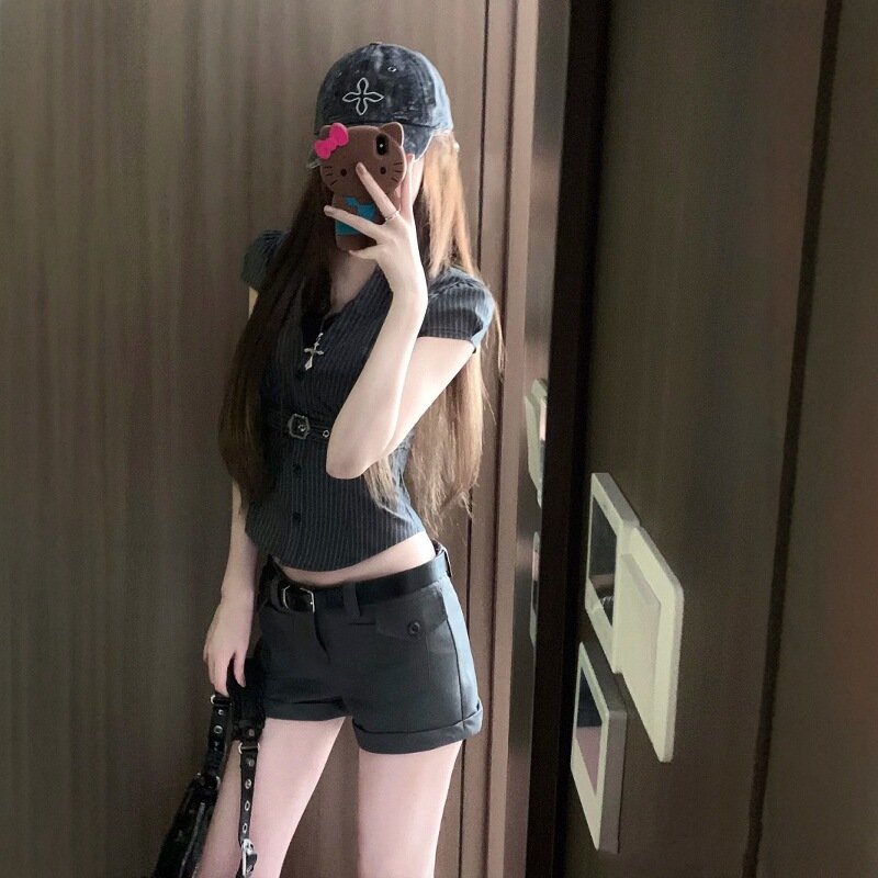 Vapetix S-XL MR【Original Color Weave Striped Shirt】Korean Petite Wear Striped Short-Sleeve Shirt with Gray Short