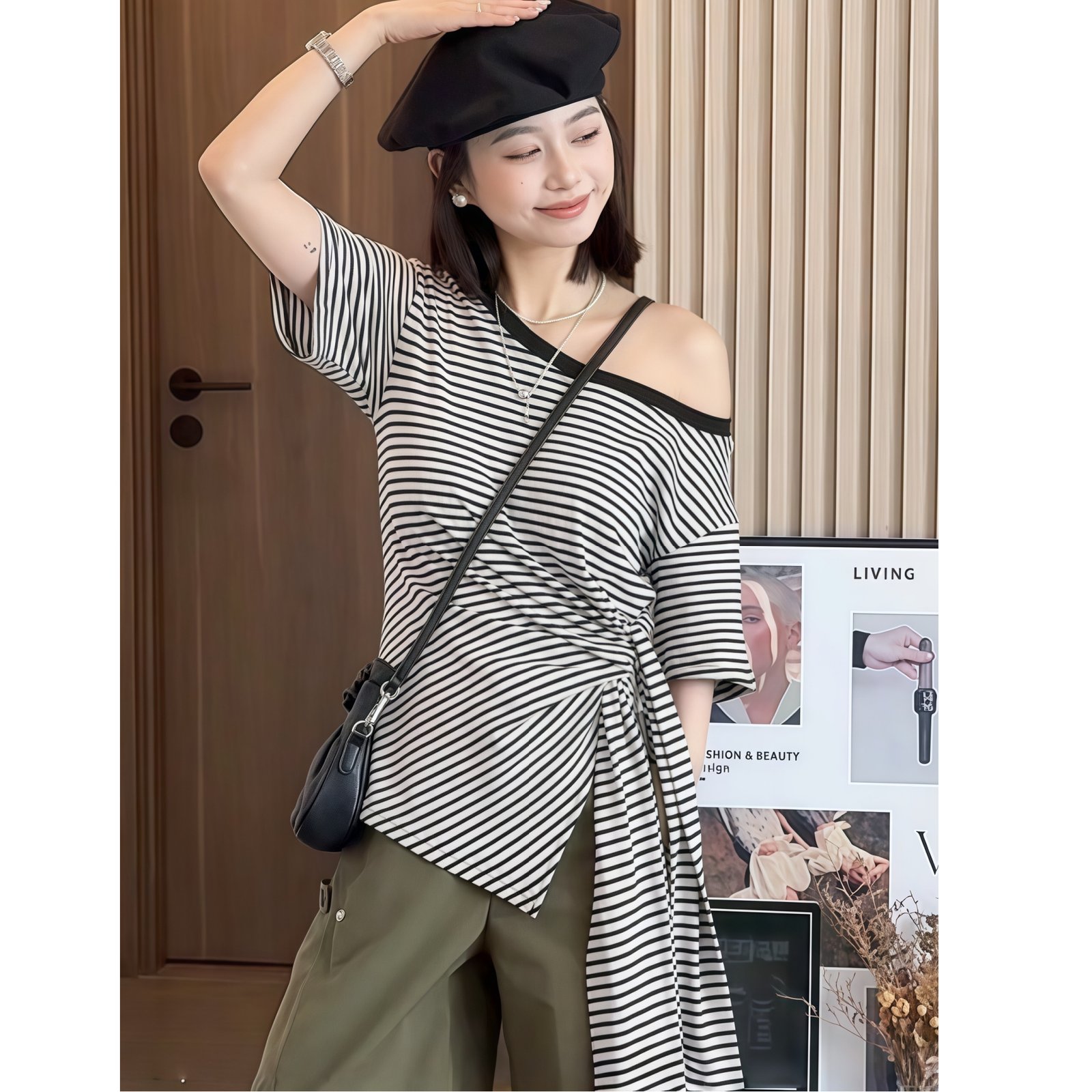 Vapetix S-XL MR【Cool Cotton Color-Woven Stripes】Irregular Striped Asymmetrical Shoulder Short-Sleeve Women's T-S