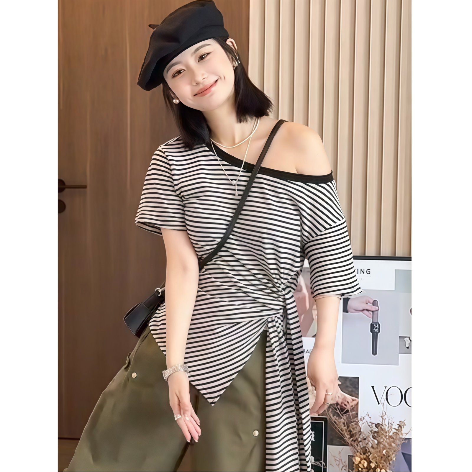 Vapetix S-XL MR【Cool Cotton Color-Woven Stripes】Irregular Striped Asymmetrical Shoulder Short-Sleeve Women's T-S – Bild 2