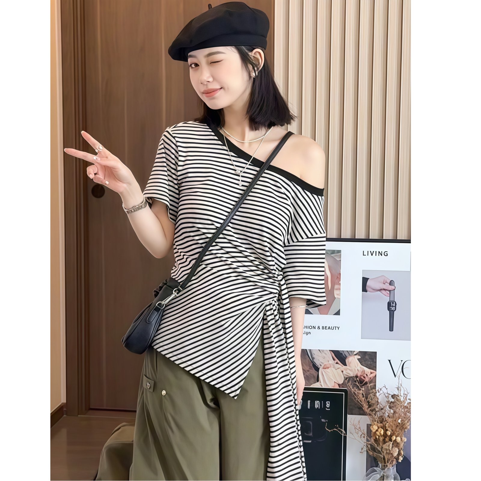 Vapetix S-XL MR【Cool Cotton Color-Woven Stripes】Irregular Striped Asymmetrical Shoulder Short-Sleeve Women's T-S – Bild 3