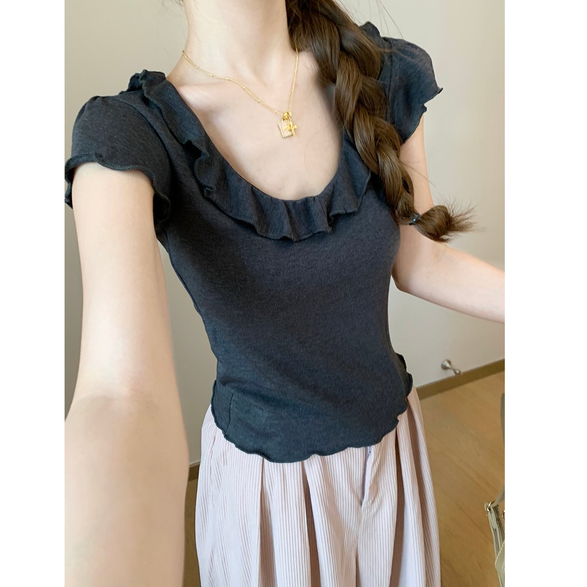 Vapetix S-XL MR Original Version Korean Style Grey Wood Ear Edge Large U-Neck Straight Shoulder Short Sleeve T-S