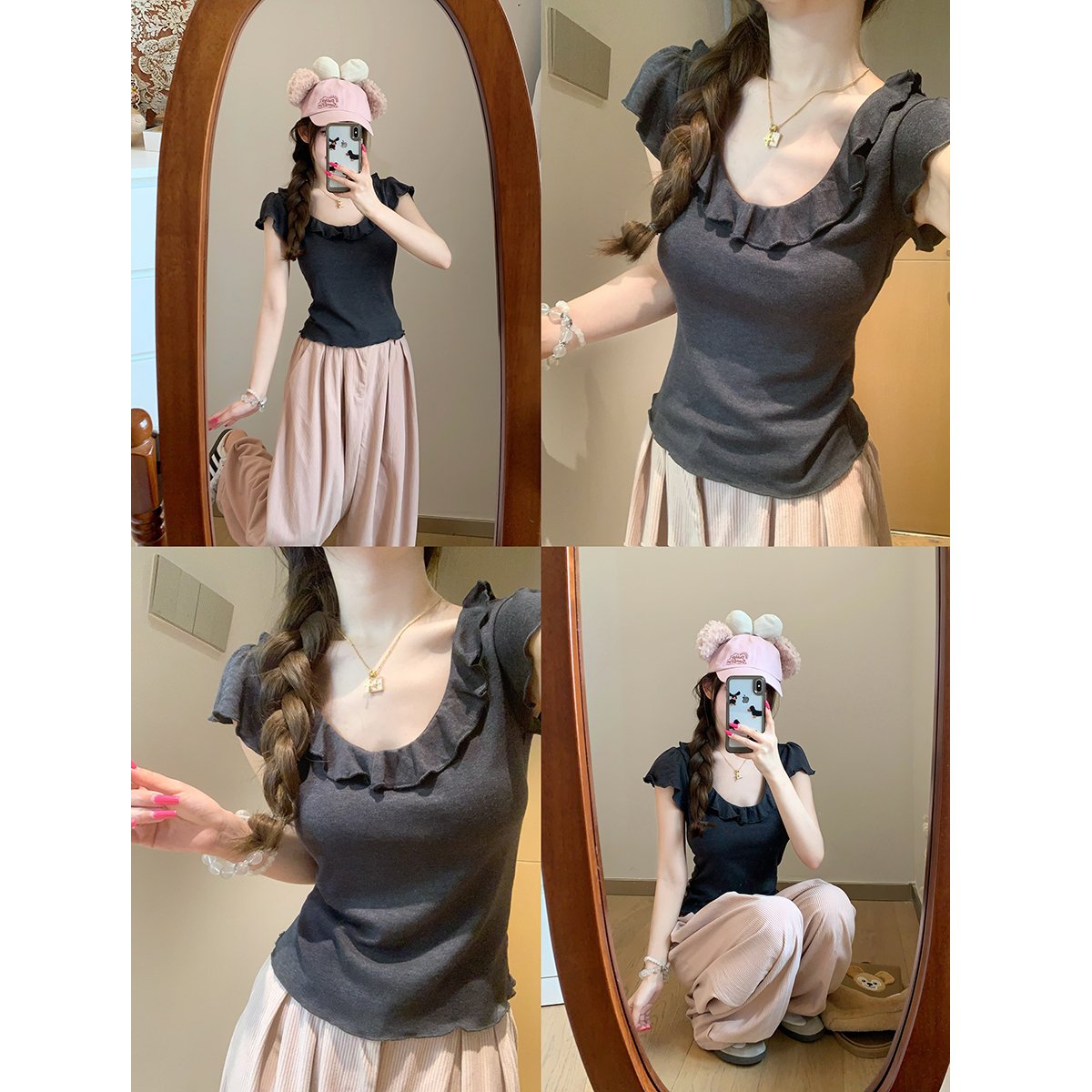 Vapetix S-XL MR Original Version Korean Style Grey Wood Ear Edge Large U-Neck Straight Shoulder Short Sleeve T-S – Bild 2