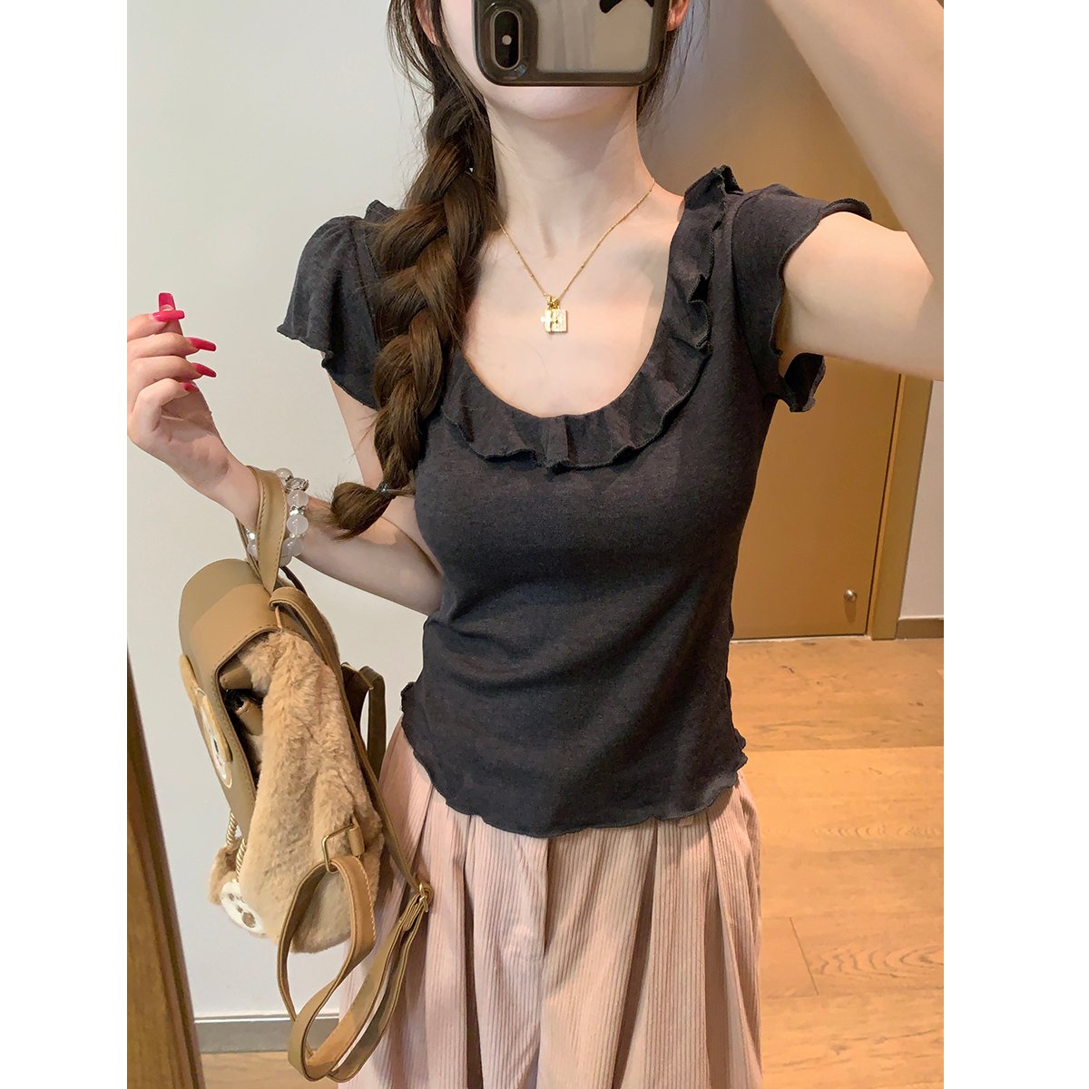 Vapetix S-XL MR Original Version Korean Style Grey Wood Ear Edge Large U-Neck Straight Shoulder Short Sleeve T-S – Bild 3