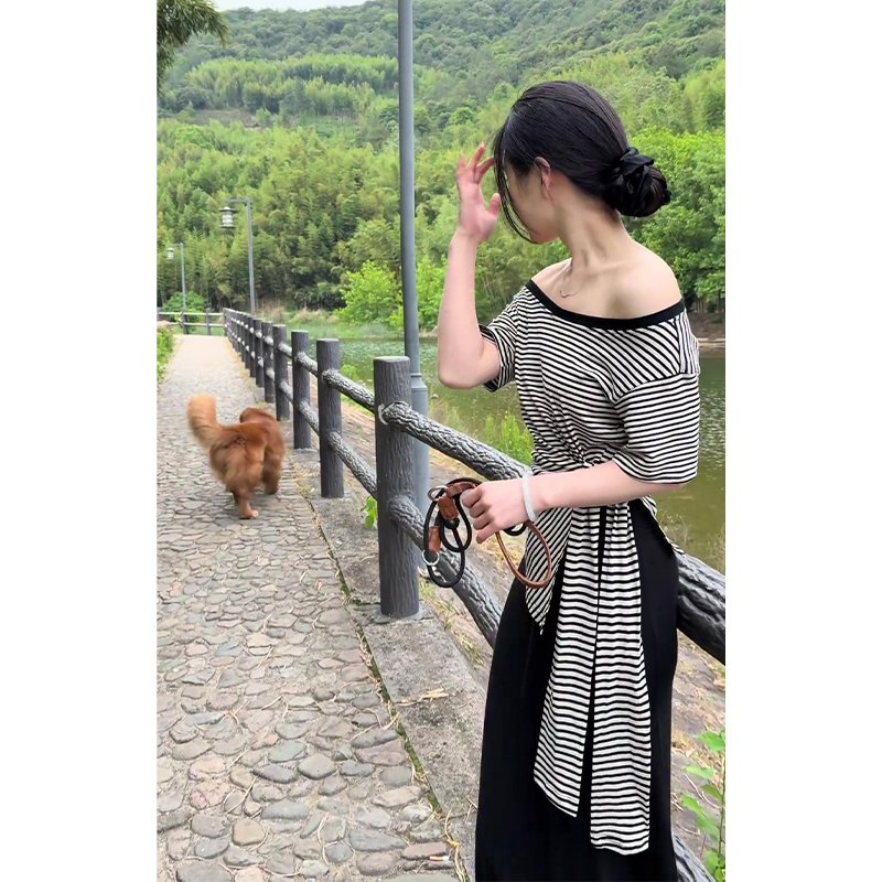 Vapetix S-XL MR【Original Color-Woven Stripes】French Asymmetrical Shoulder Striped Short-Sleeve T-Shirt for Women