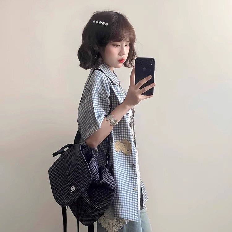 Vapetix S-2XL Women's 2025 Summer Short Sleeve Gingham Shirt in Japanese Retro Loose Casual College Style Thin Bl