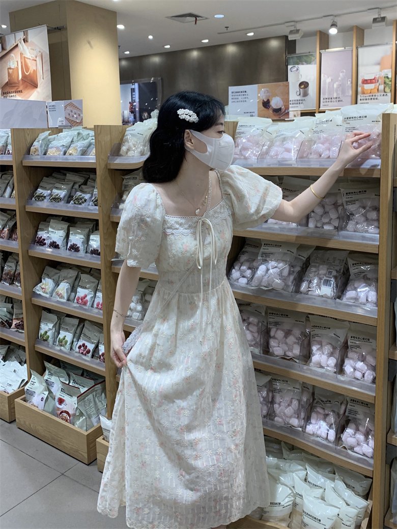 Vapetix S-2XL French Embroidery Floral Dress for Women - Summer, Lace Splicing, Elegant Waist Cinching, Exquisite