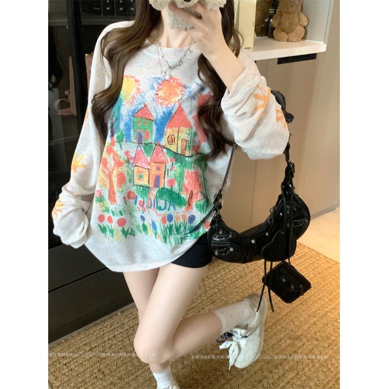 Vapetix S-XL MR【Original Rainbow Hemp】Retro Long-Sleeve T-Shirt for Women, Summer Hand-Painted Colorful Graffiti
