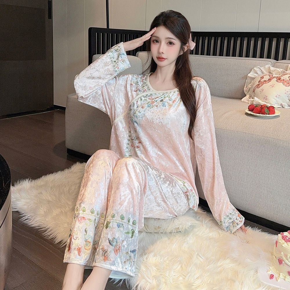 Vapetix M-XXL Modern Chinese Style National Flower Diamond Velvet Women's Autumn/Winter 2025 Sweet Long Pants Out