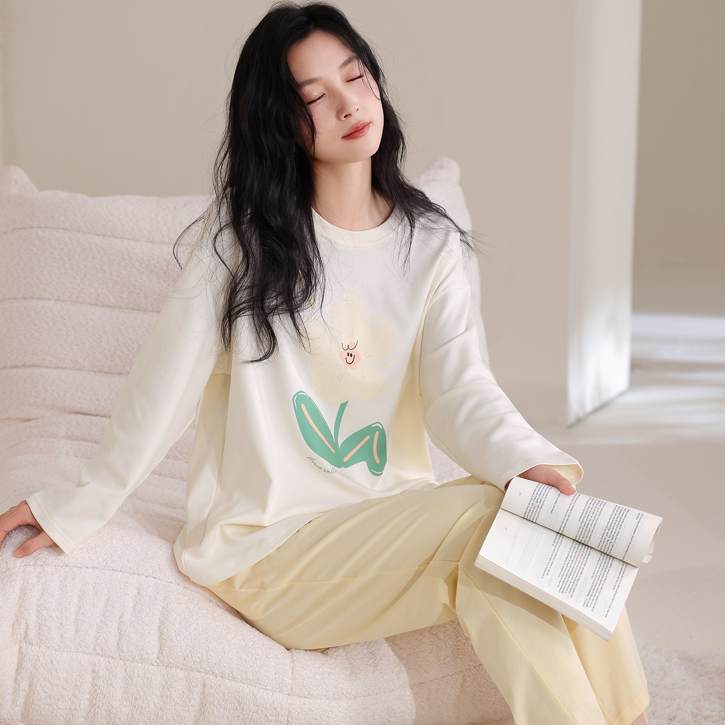 Vapetix M-XXL Qiao Mengran 2025 Autumn Pure Cotton Crew Neck Long Sleeve Pants Pajama Set for Women Casual Comfor – Bild 5