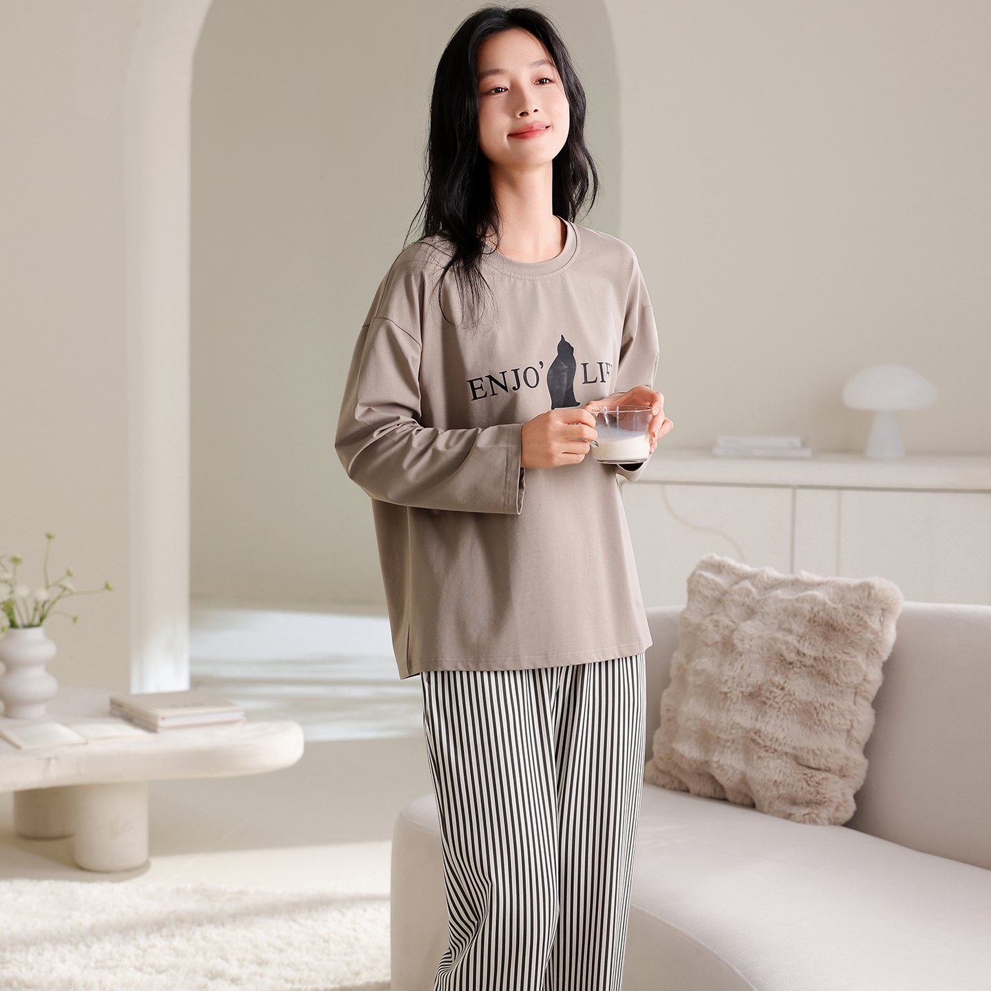 Vapetix M-XXL Qiao Mengran 2025 Autumn Pure Cotton Crew Neck Long Sleeve Pants Pajama Set for Women Casual Comfor