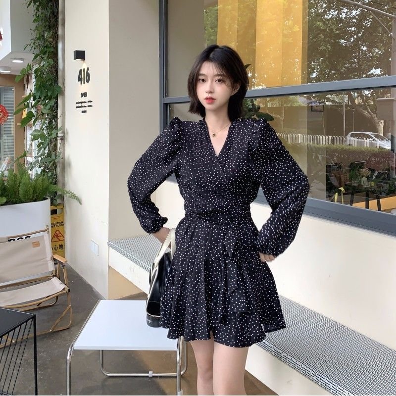 Vapetix S-XL Black polka dot floral long-sleeved dress for women in autumn 2024 new style of coffee break French
