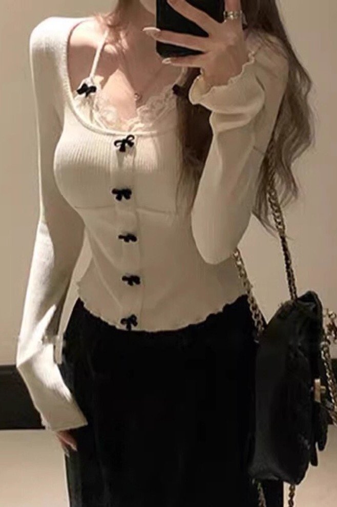 Vapetix S-XL Niche Design Long-Sleeve Women's Fake Two-Piece T-Shirt with Bow-Knot Lace—Chic & Alluring Top – Bild 2