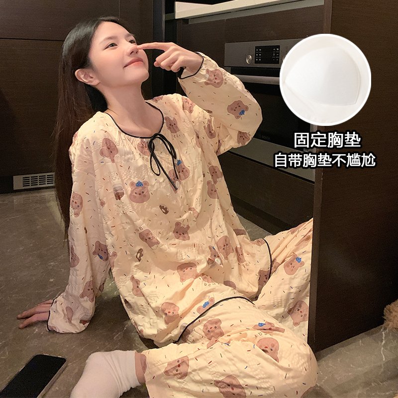 Vapetix M-XXL Women's new autumn sleepwear set with embroidered clouds, cotton crew neck short-sleeve open sweate