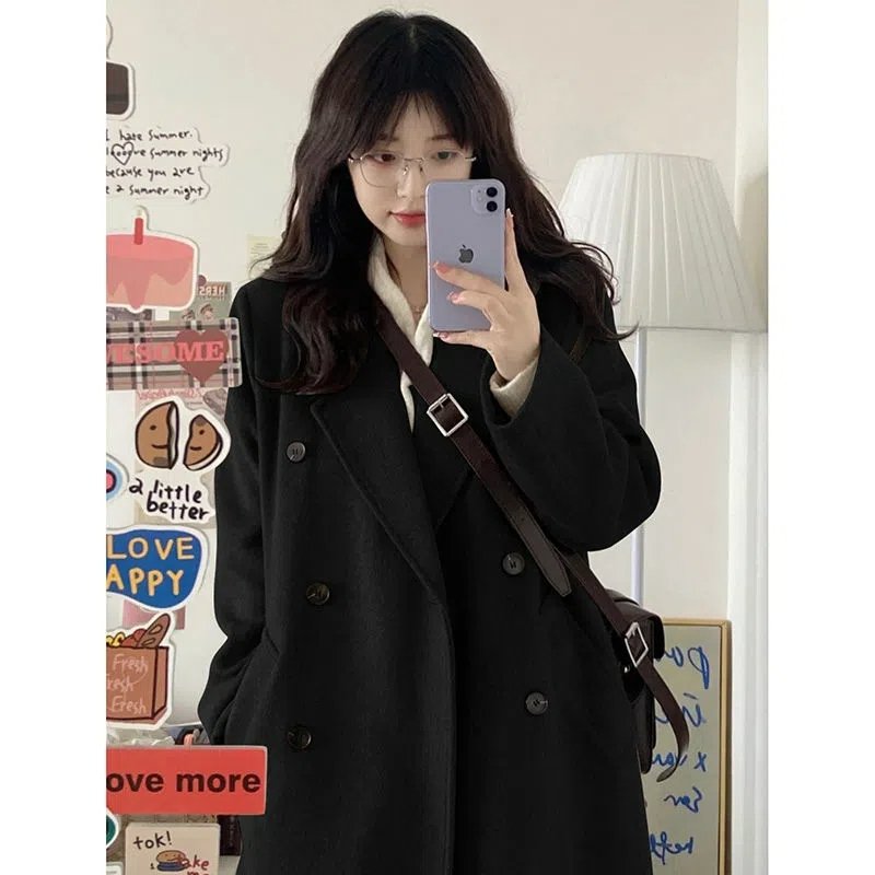 Vapetix S-2XL Black Woolen Coat for Women, Medium-Long Length, 2025 Winter New Student Korean Style Loose and Sli – Bild 5