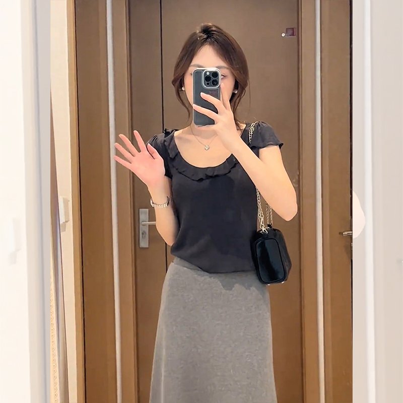 Vapetix S-XL MR【Original Quality】French Style Elegant Gray Ruffled Blouse Short Sleeve T-shirt Women's Summer De