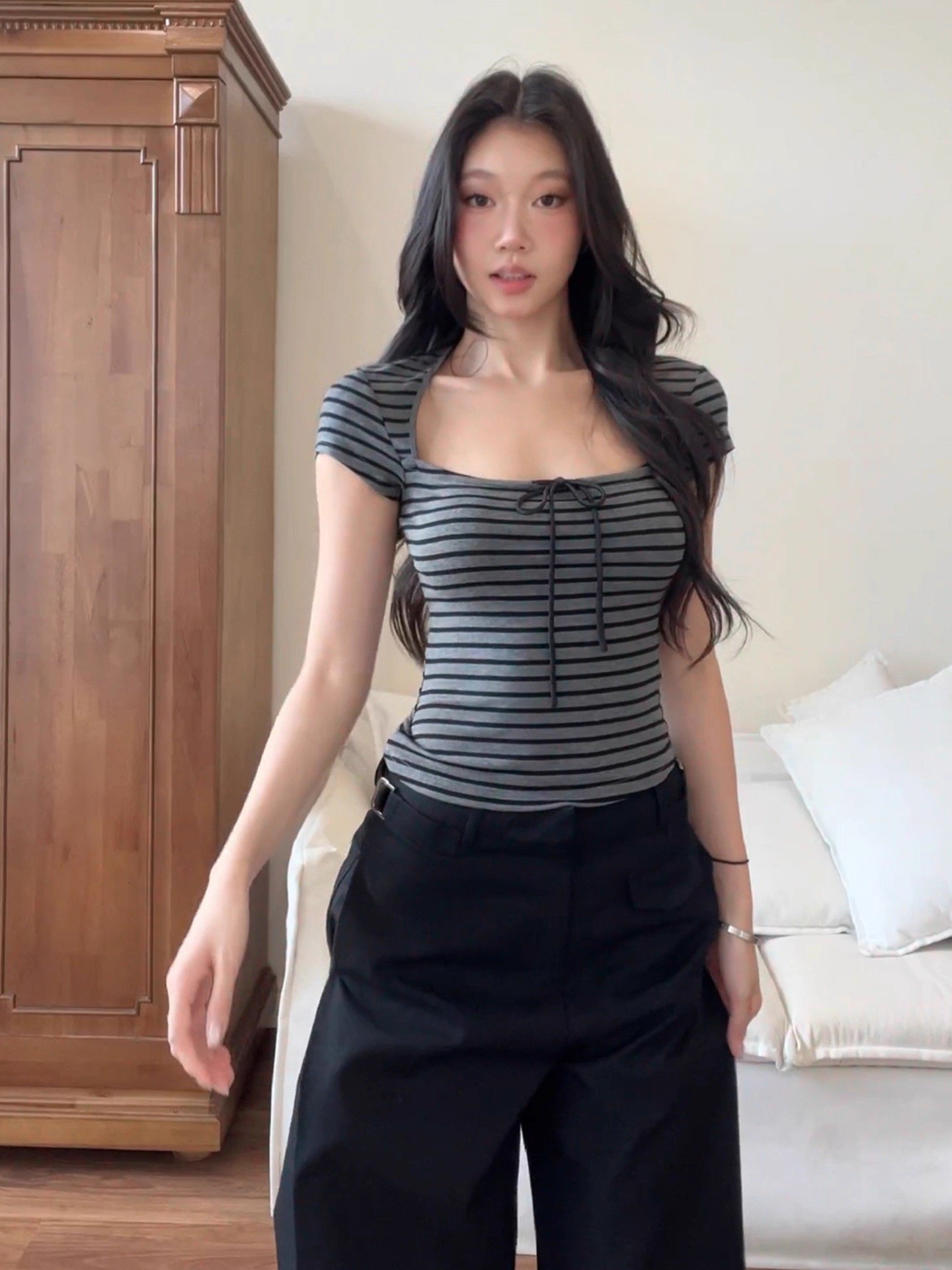 Vapetix S-L Guangzhou Fabric 1x1 Cotton Ribbed Korean Style U-Neck Button Striped Straight Shoulder Short Sleev