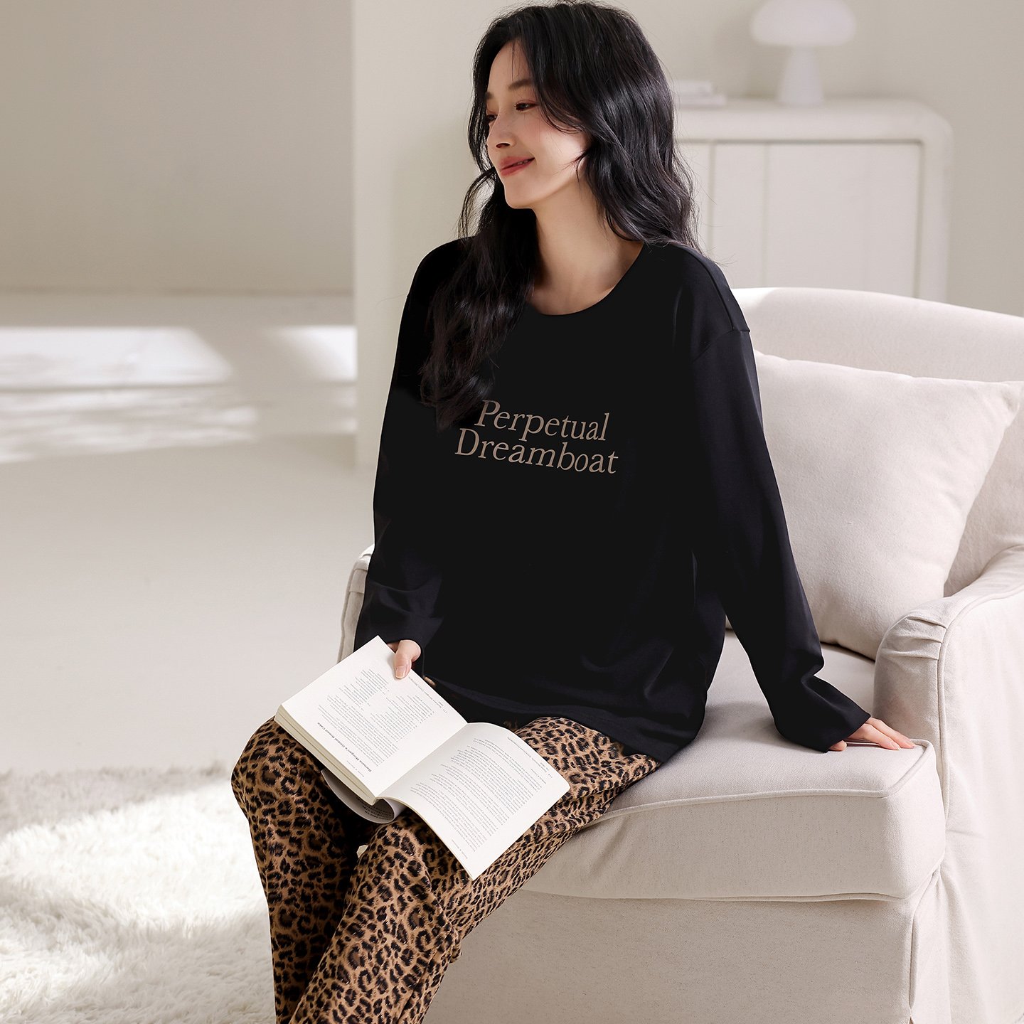 Vapetix M-XXL Qiao Mengran Women's 2025 Autumn Pure Cotton Crew Neck Long Sleeve Long Pants Pajama Set Casual Com