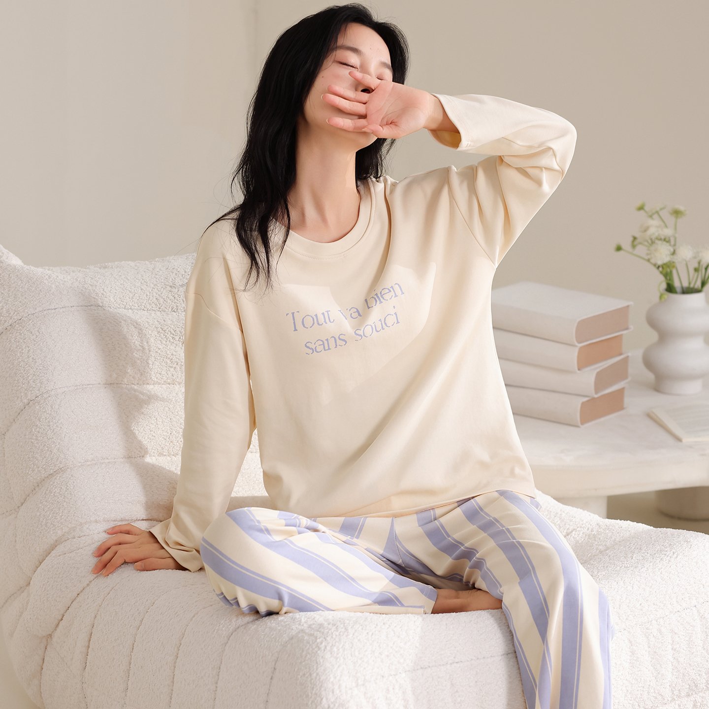 Vapetix M-XXL Qiao Mengran 2025 Autumn Pure Cotton Crew Neck Long Sleeve Long Pants Women's Pajama Set Casual Com