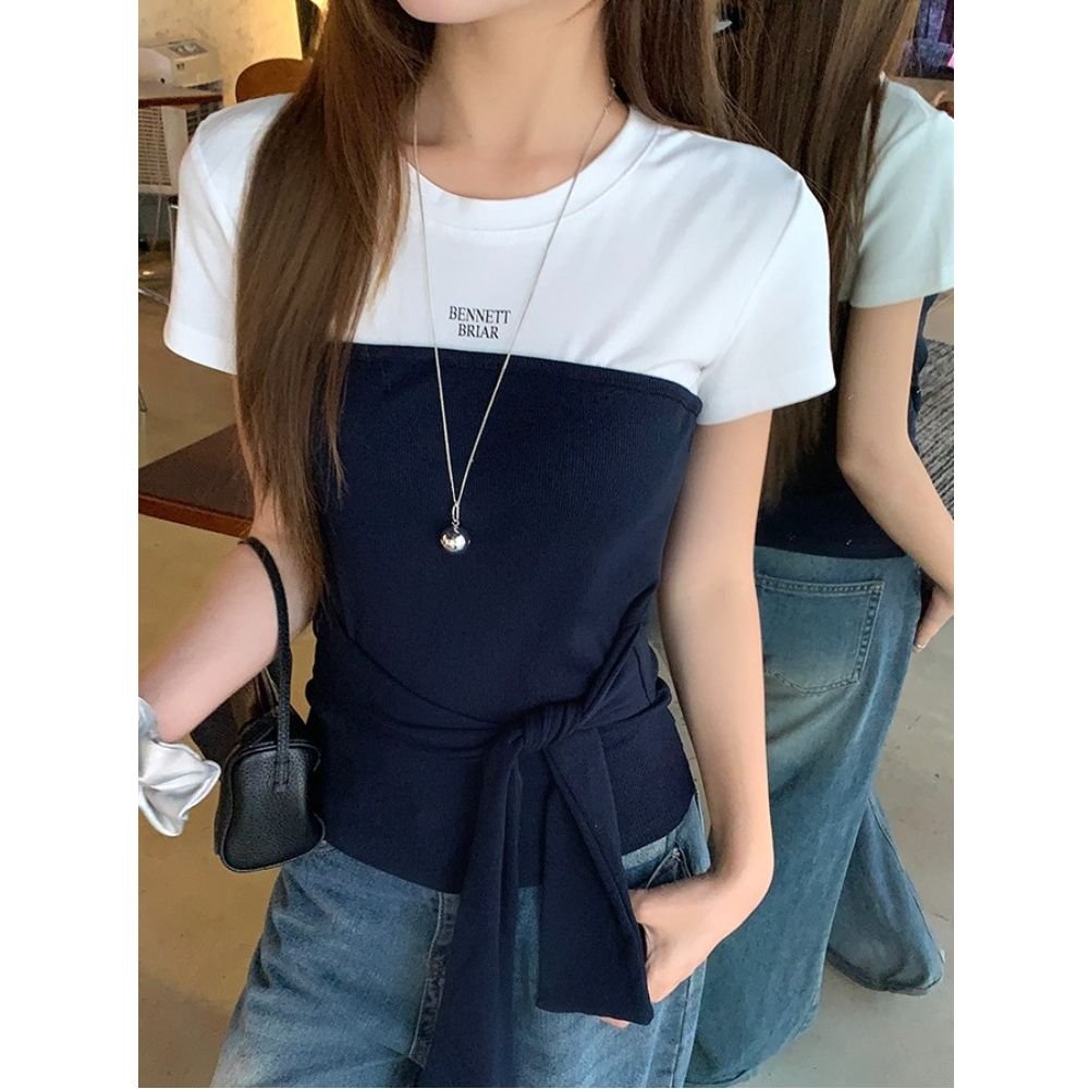 Vapetix S-XL 【40-ply Pure Cotton】Two-Tone Plaid Strap Short-Sleeve T-Shirt for Women - Summer Slimming & Stylish