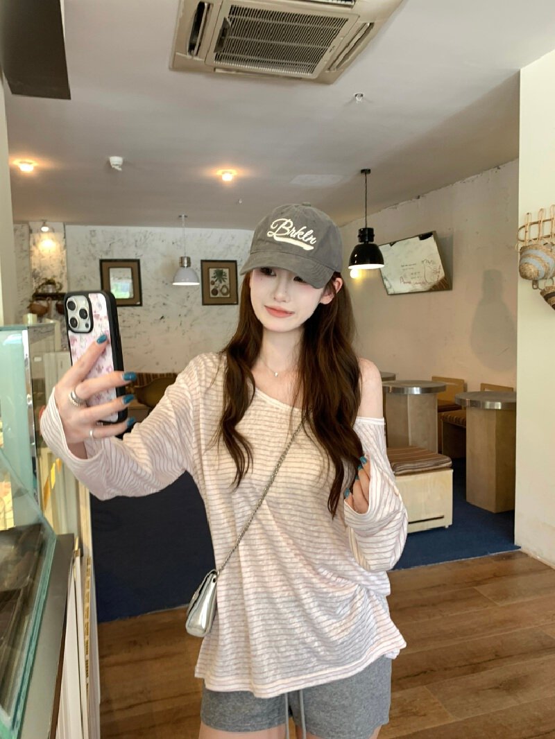 Vapetix S-XL Actual shot~ Gentle lazy off-shoulder striped long-sleeved T-shirt for women, summer loose off-shou