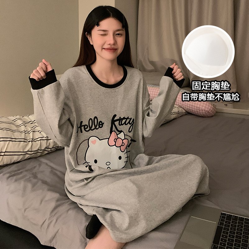 Vapetix M-XXL Women's Autumn New Cotton-Imitation Round Neck Hooded Long Sleeve Sleep Gown Cute Cartoon Fixed Bre