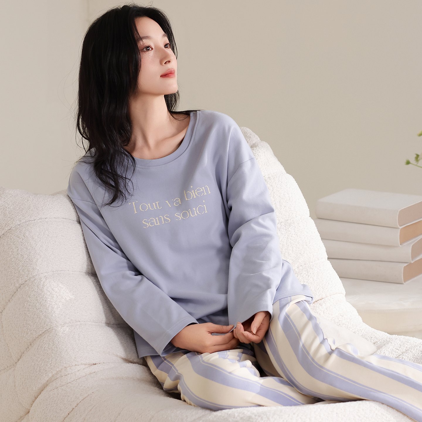 Vapetix M-XXL Qiao Mengran 2025 Autumn Pure Cotton Crew-Neck Long-Sleeve Long-Pants Pajama Set for Women – Casual