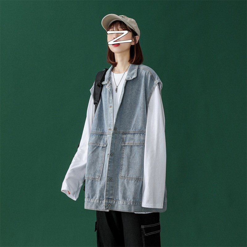 Vapetix S-2XL BF Spring Fashion Trendy Denim Vest for Women Loose Outerwear Compatible Multifunctional Korean Sty - 图片 5