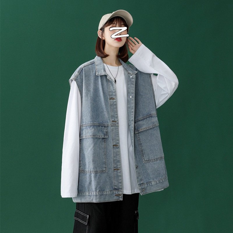 Vapetix S-2XL BF Spring Fashion Trendy Denim Vest for Women Loose Outerwear Compatible Multifunctional Korean Sty - 图片 3