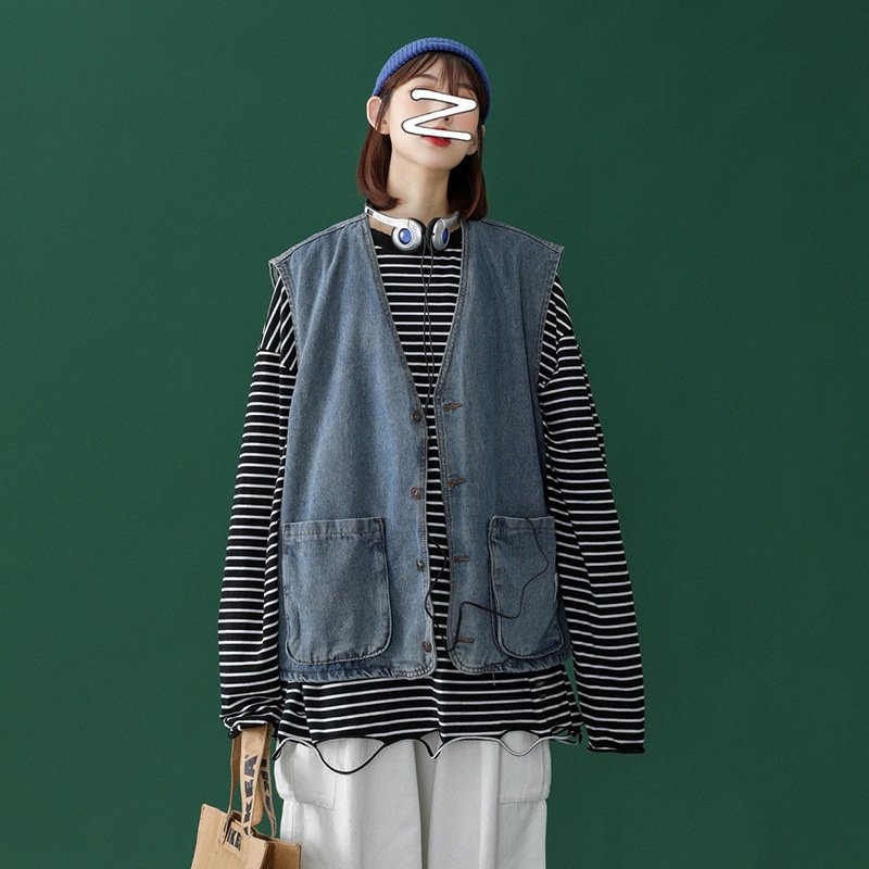 Vapetix S-2XL BF Spring Fashion Trendy Denim Vest for Women Loose Outerwear Compatible Multifunctional Korean Sty