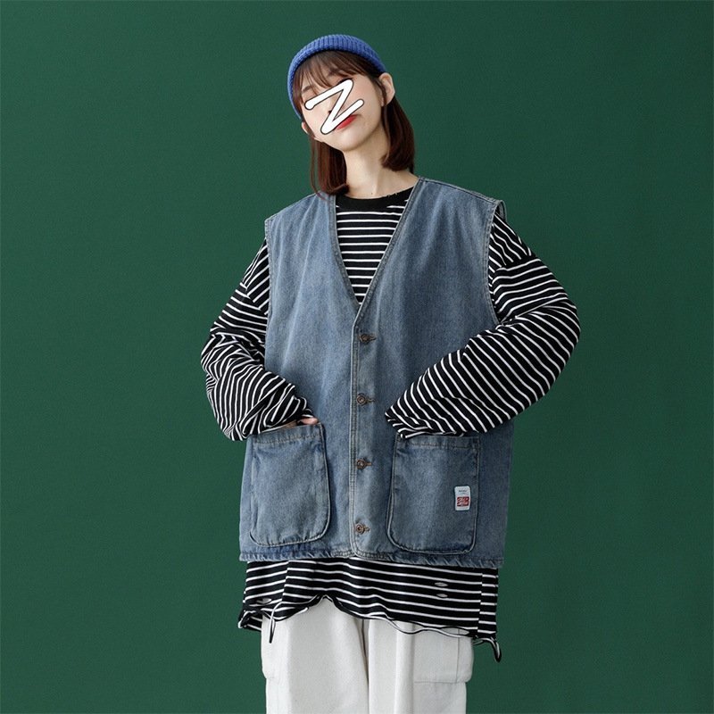 Vapetix S-2XL BF Spring Fashion Trendy Denim Vest for Women Loose Outerwear Compatible Multifunctional Korean Sty - 图片 2
