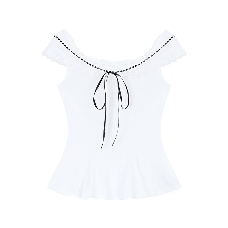 Vapetix S-XL MR【Original Embroidered Fabric】Pure Desire Style Design White One-Shoulder Short-Sleeve T-Shirt for