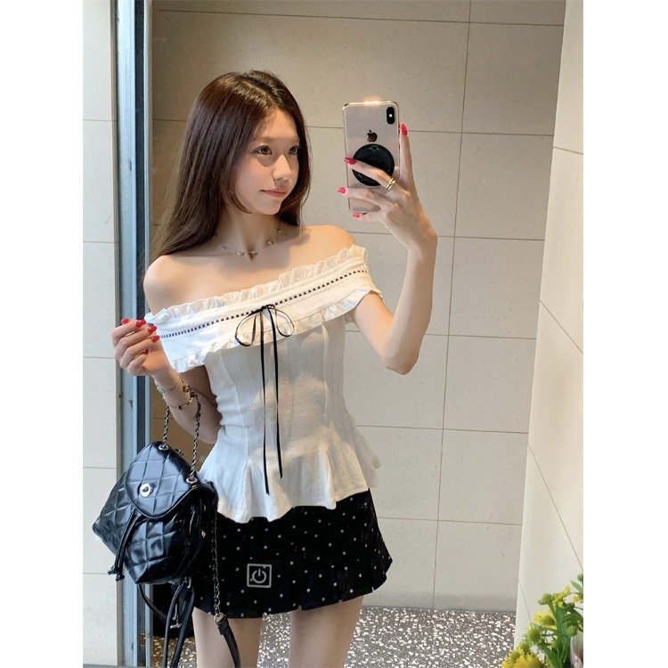 Vapetix S-XL MR【Original Embroidered Fabric】Pure Desire Style Design White One-Shoulder Short-Sleeve T-Shirt for - 图片 2