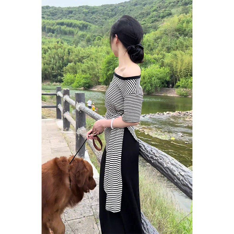 Vapetix S-XL MR【Original Color-Woven Stripes】French Asymmetrical Shoulder Striped Short-Sleeve T-Shirt for Women - 图片 2