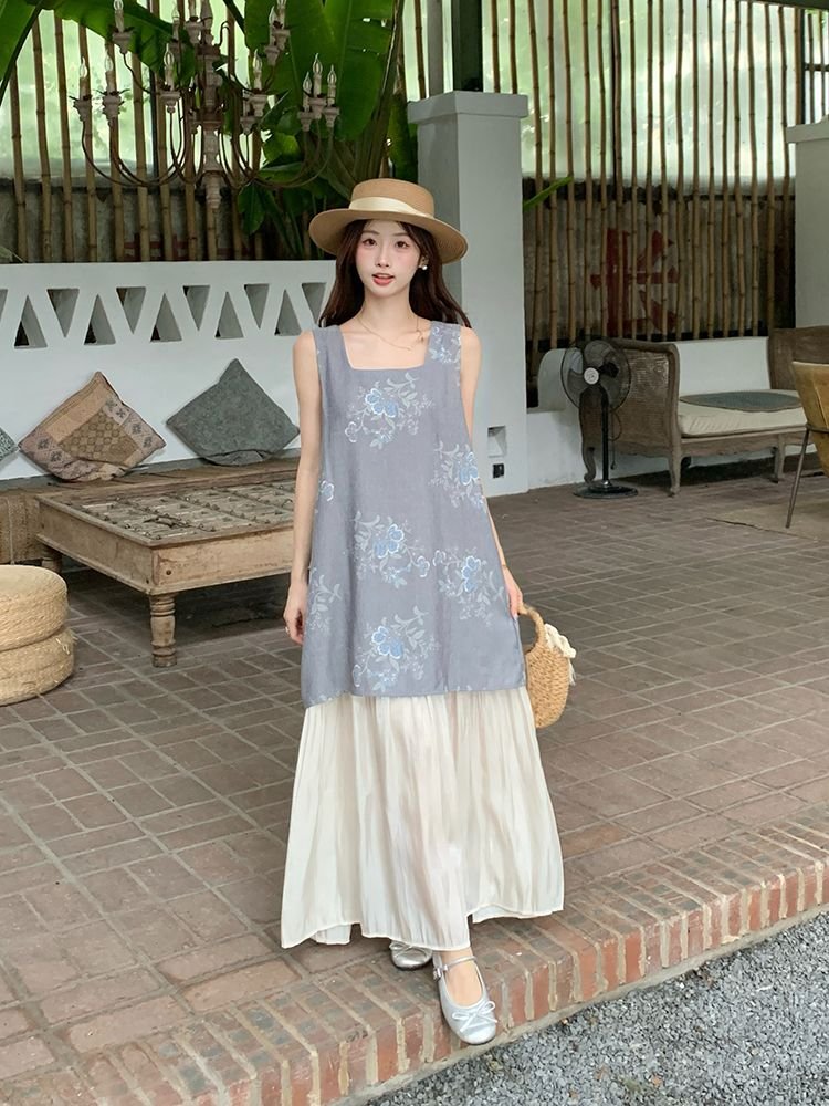 Vapetix S-2XL French satin printed spliced vest dress for women 2025 summer new retro design chic long skirt - 图片 2