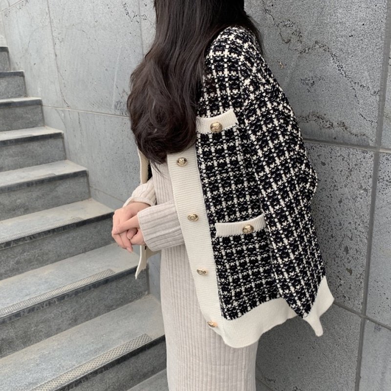 Vapetix Average code-Average code Korean chic versatile simple style contrast color single breasted checked sweater cardigan long sle – Bild 2