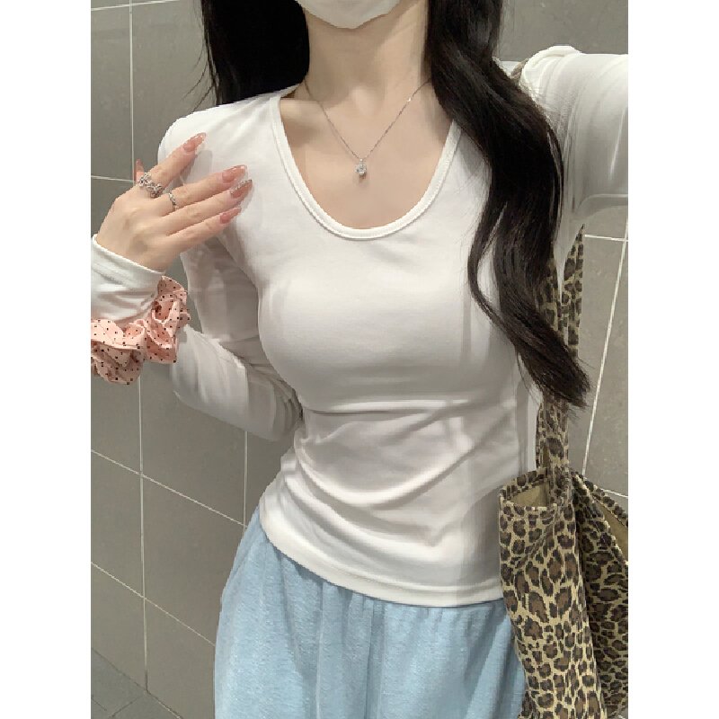 Vapetix S-XL Photographed Autumn Korean Style Fitted Slimming U-Neck Elegant Gentle Long-Sleeved Inner T-shirt B – Bild 2