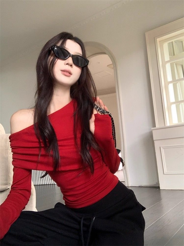 Vapetix S-XL Ankorah Red Slanted Collar Off-the-Shoulder Base Shirt for Women, 2025 Autumn Christmas New Year Ni – Bild 2