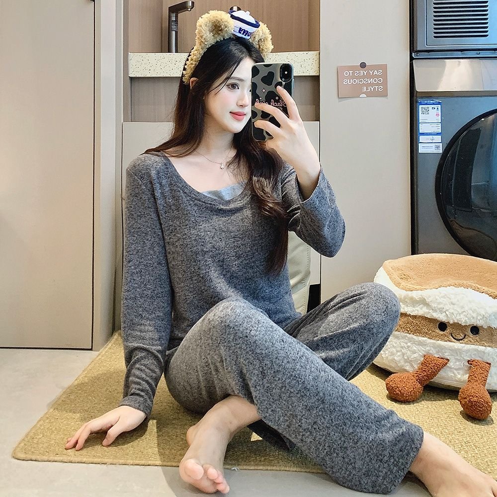 Vapetix M-XXL Cashmere-designed faux two-piece color-block pajamas for women: Autumn/Winter long-sleeve top and p – Bild 2