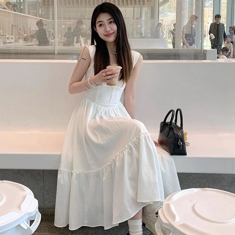Vapetix S-2XL Small-size first love sweet and gentle square-neck white spaghetti-strap dress, French vacation sty