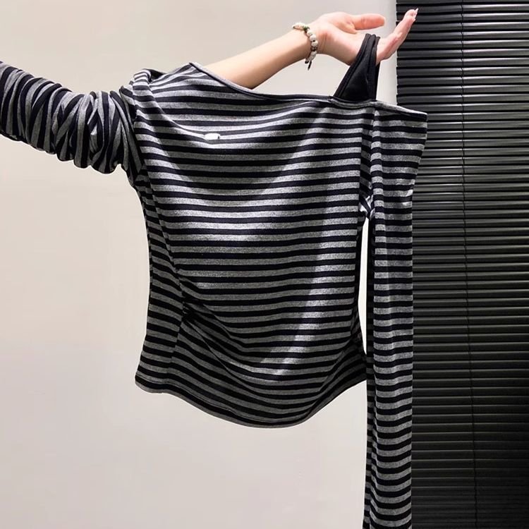 Vapetix S-XL New trendy slim-fit, figure-flattering asymmetrical-design base top—early autumn striped off-should – Bild 5