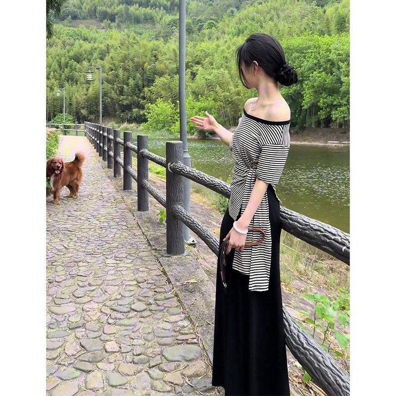 Vapetix S-XL MR【Original Color-Woven Stripes】French Asymmetrical Shoulder Striped Short-Sleeve T-Shirt for Women - 图片 3