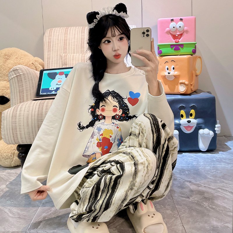 Vapetix M-XXL Women's Autumn New Pajama Set with Elastic Collar, Cotton-like Round Neck Hooded Long Sleeve Pants,