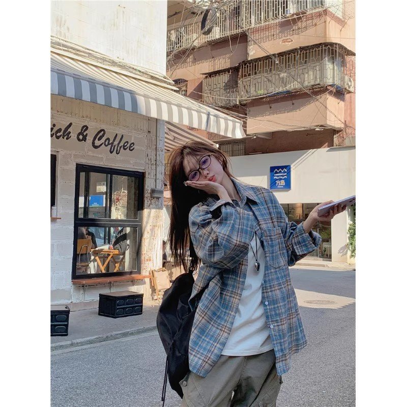 Vapetix S-2XL Grid shirt autumn design loose versatile casual plaids shirt coat ins