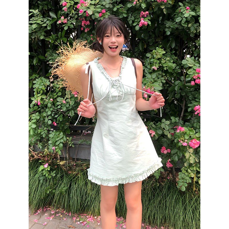 Vapetix S-XL Korean-style minimalist wood-ear strap dress for women, summer 2025 new style, elegant casual waist