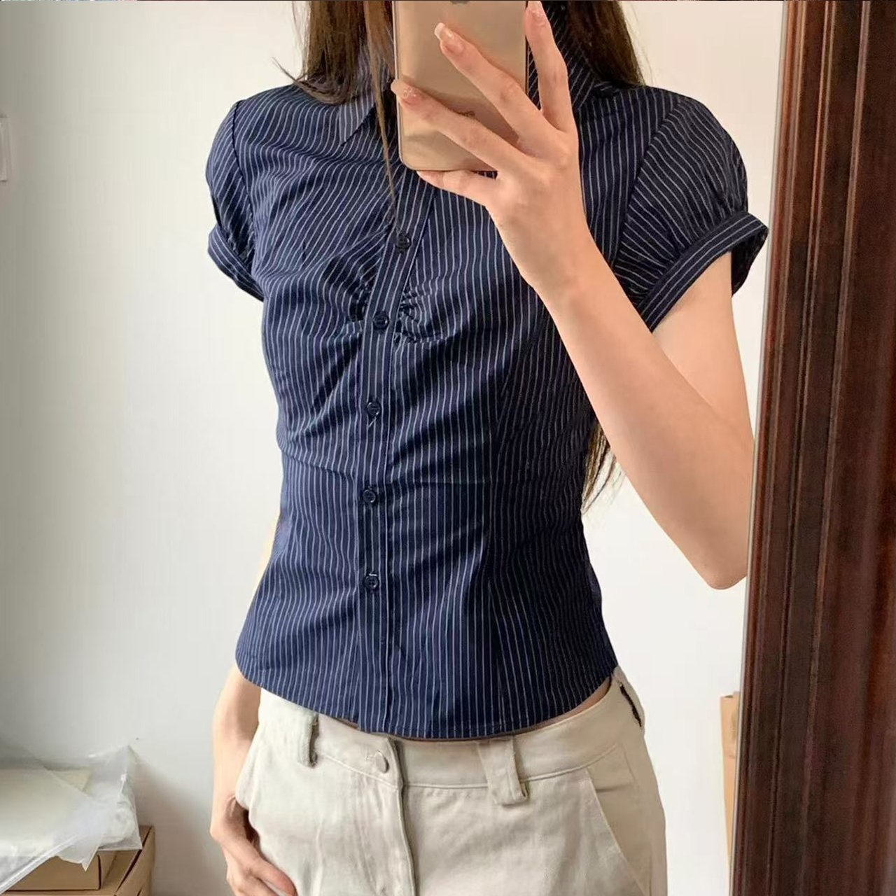 Vapetix S-XL MR【Original Color-Woven Stripes】Retro Striped Tuck-Waist Short-Sleeve Shirt with Single-Break Faste - 图片 5