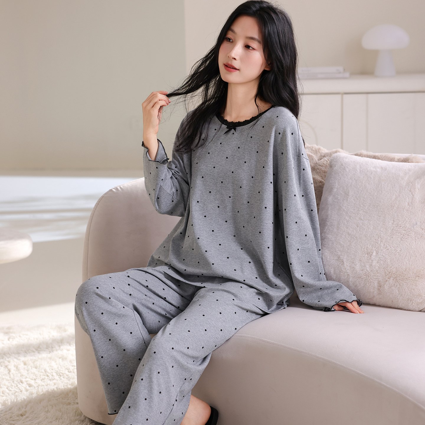 Vapetix M-XXL A set of pure cotton crew neck long sleeve long pants pajamas for women by Qiao Mengran, 2025 autum