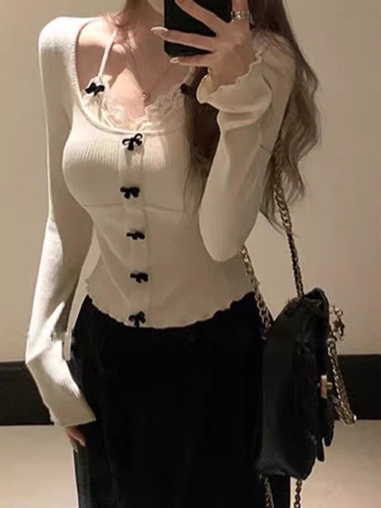 Vapetix S-XL Niche Design Long-Sleeve Women's Fake Two-Piece T-Shirt with Bow-Knot Lace—Chic & Alluring Top – Bild 3