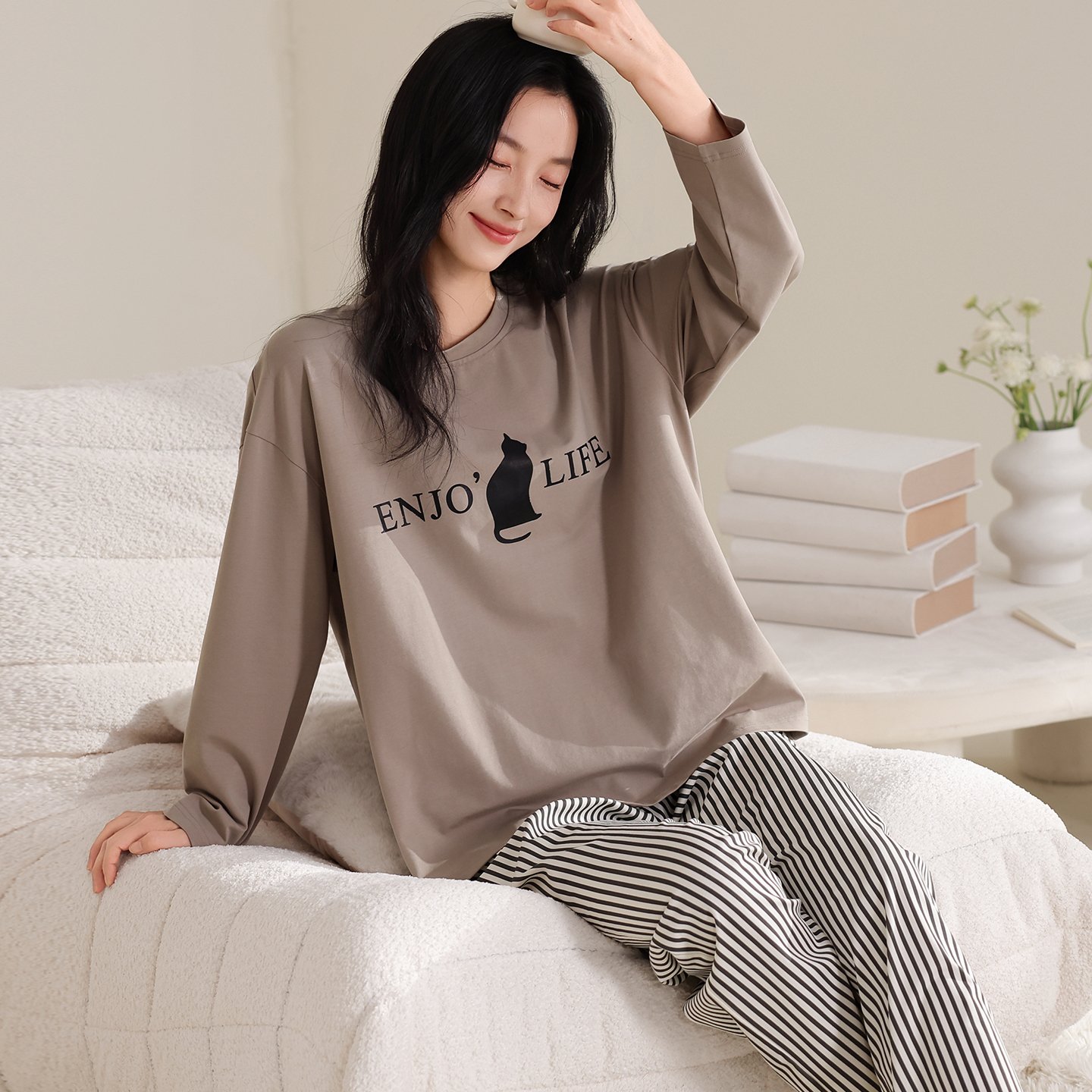 Vapetix M-XXL Qiao Mengran 2025 Autumn Pure Cotton Crew Neck Long Sleeve Pants Pajama Set for Women Casual Comfor – Bild 2
