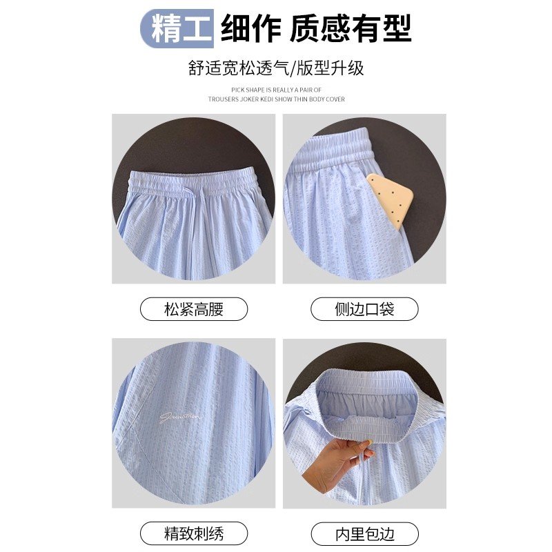 Vapetix S-2XL Women's 2025 Summer New Retro Light Blue Striped Casual Pants Wide Leg Loose Slimming Straight Leg